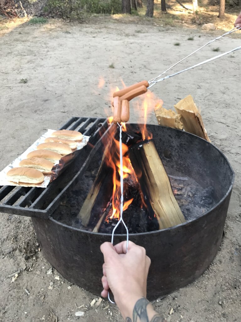 cooking veggie dogs over campfire