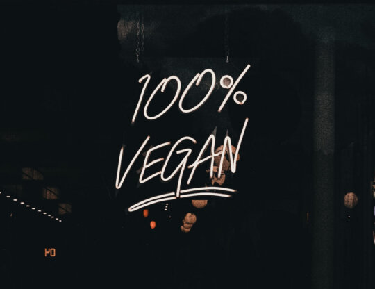 A neon sign reads "100% Vegan"