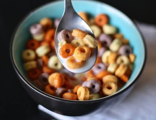 Colorful cereal in a bowl for the vegan cereals article