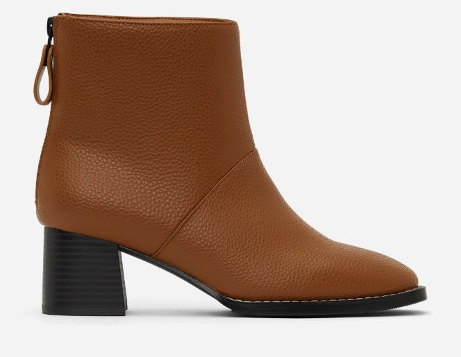 A brown block-heel ankle boot