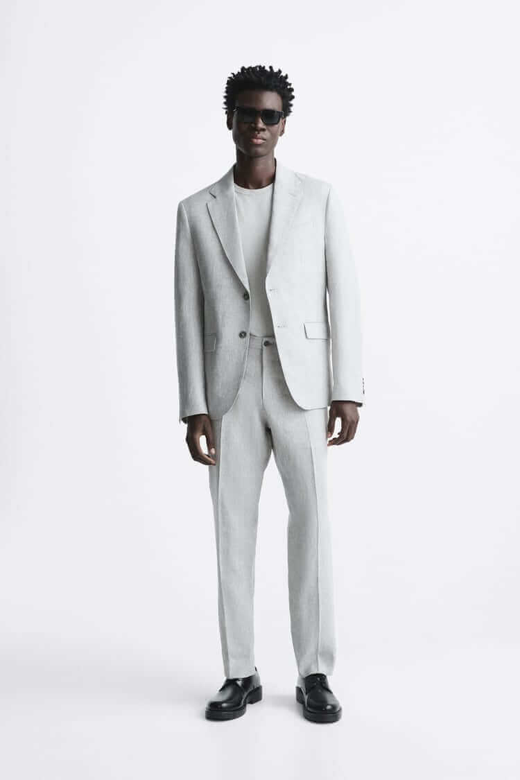 Image from Zara's website of gray marl linen suit.