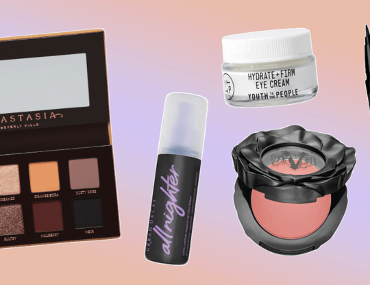 Collage image of various makeup products including an eye shadow pallet, blush, eye cream, and eye liner.