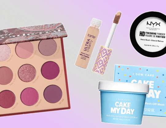 Collage image of various makeup items including an eye shadow pallet, concealer, finishing powder, and a face mask.