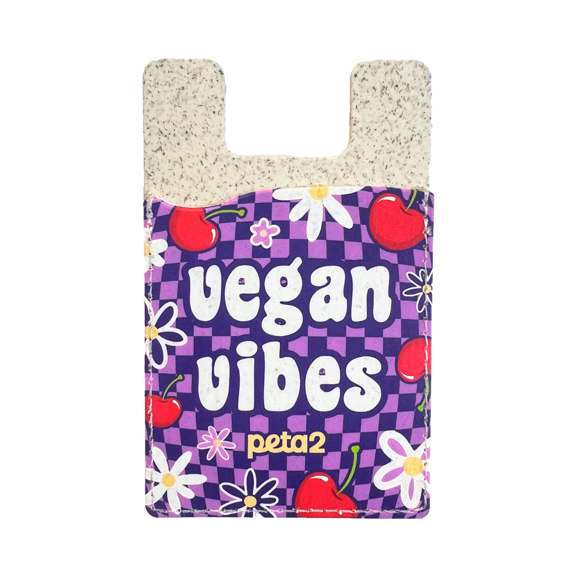 A purple phone card holder that reads "Vegan vibes" with illustrations of flowers and cherries