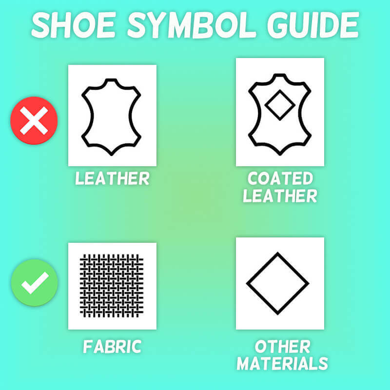 Guide to symbols found on shoes to show if something is made with leather from an animal or vegan fabric, such as fabric.