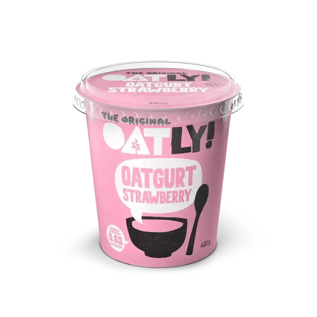Image from Oatly website of Oatly strawberry Oatgurt