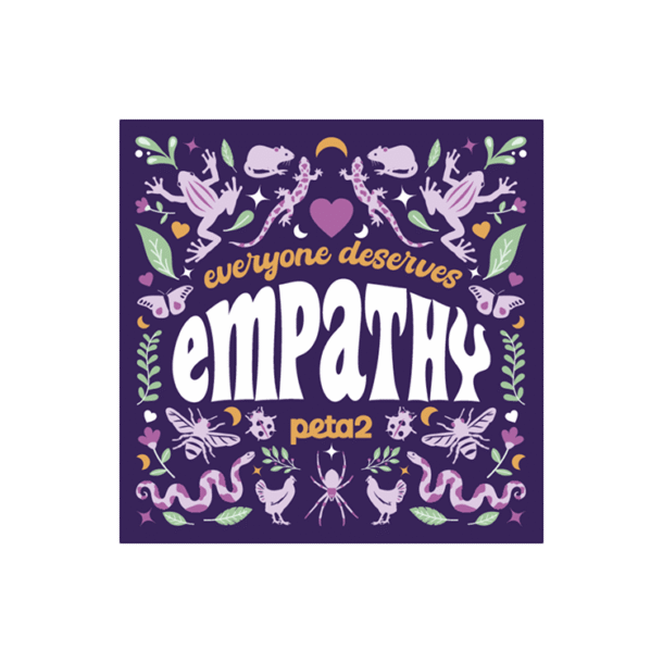 A purple magnet. It reads "Everyone deserves empathy" and features illustrations of animals