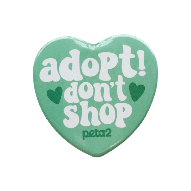 A teal heart-shaped enamel pin. It reads "Adopt! don't shop"