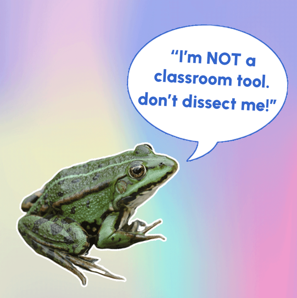 Frog with text bubble that reads "I'm NOT a classroom tool. don't dissect me!"