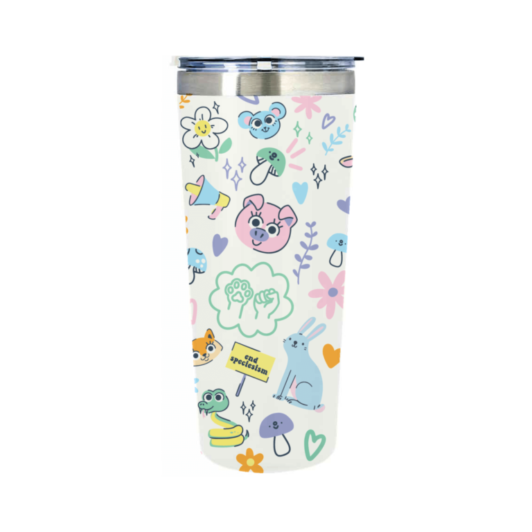 A peta2 drink tumbler. It reads "Animals have rights!" and features illustrations of animals and plants