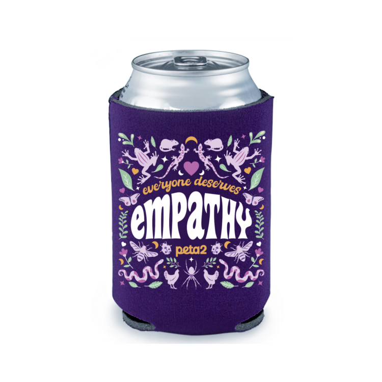 A purple drink koozie on a can. It reads "Everyone deserves empathy" and features illustrations of animals