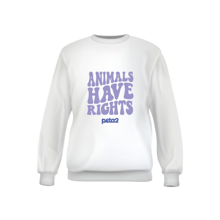 A white crewneck sweater with purple text reading "Animals have rights"