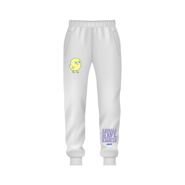 White joggers with an image of Not A Nugget on one pant leg, and text on the other that reads "Animals have rights"
