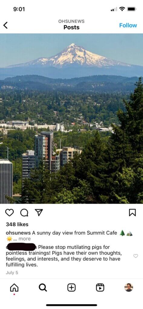 PETA-owned screenshot of OHSU comment