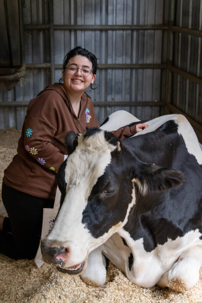 Student smiling with cow at Gentle Barn
