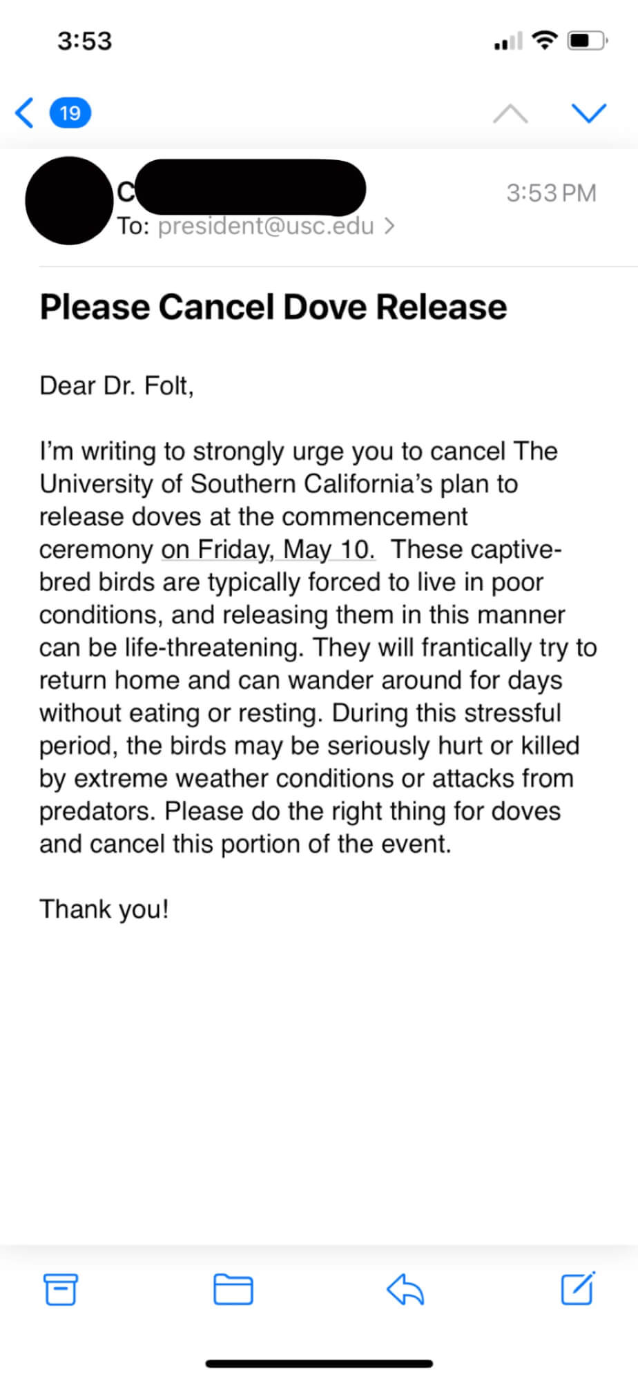 mission university of southern california dove release peta2