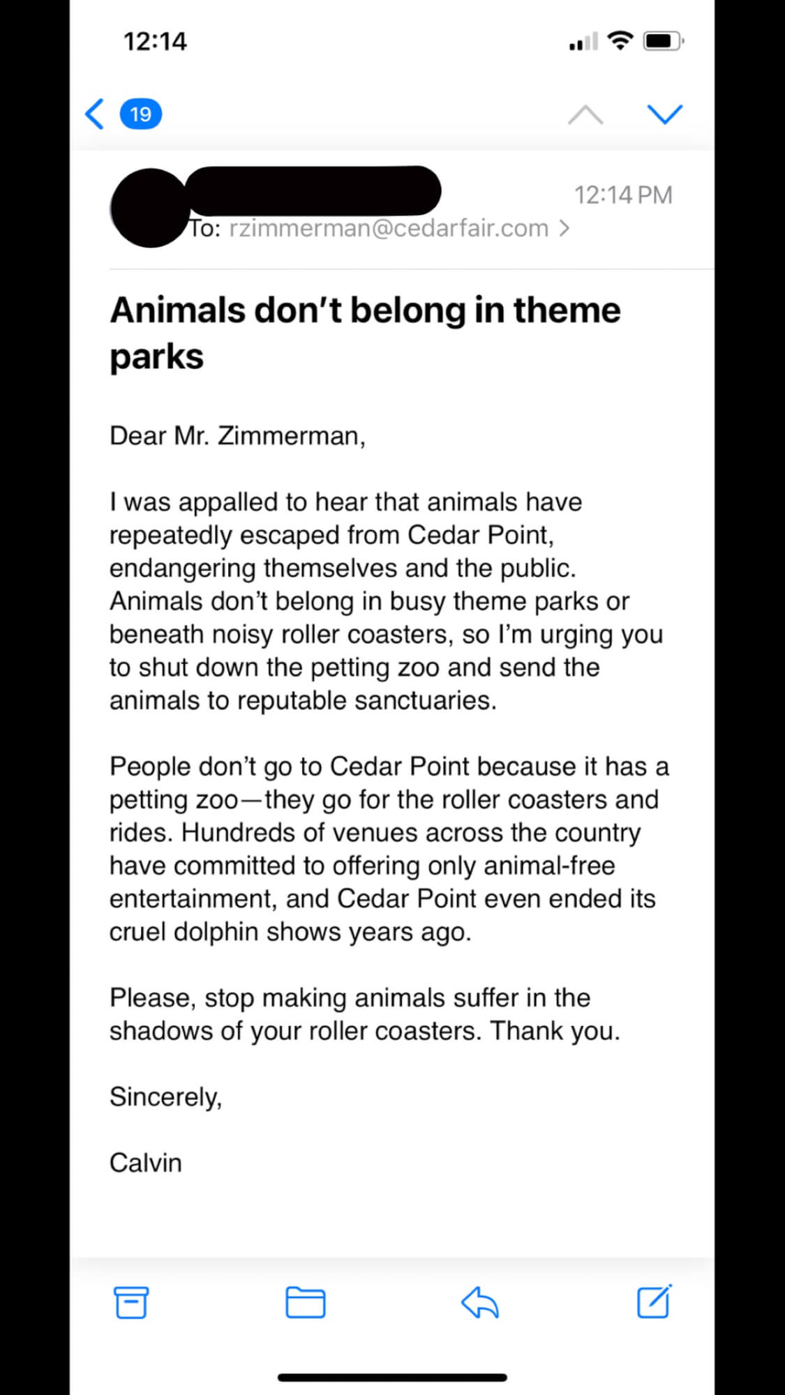 mission: urge cedar point to stop displaying animals | peta2