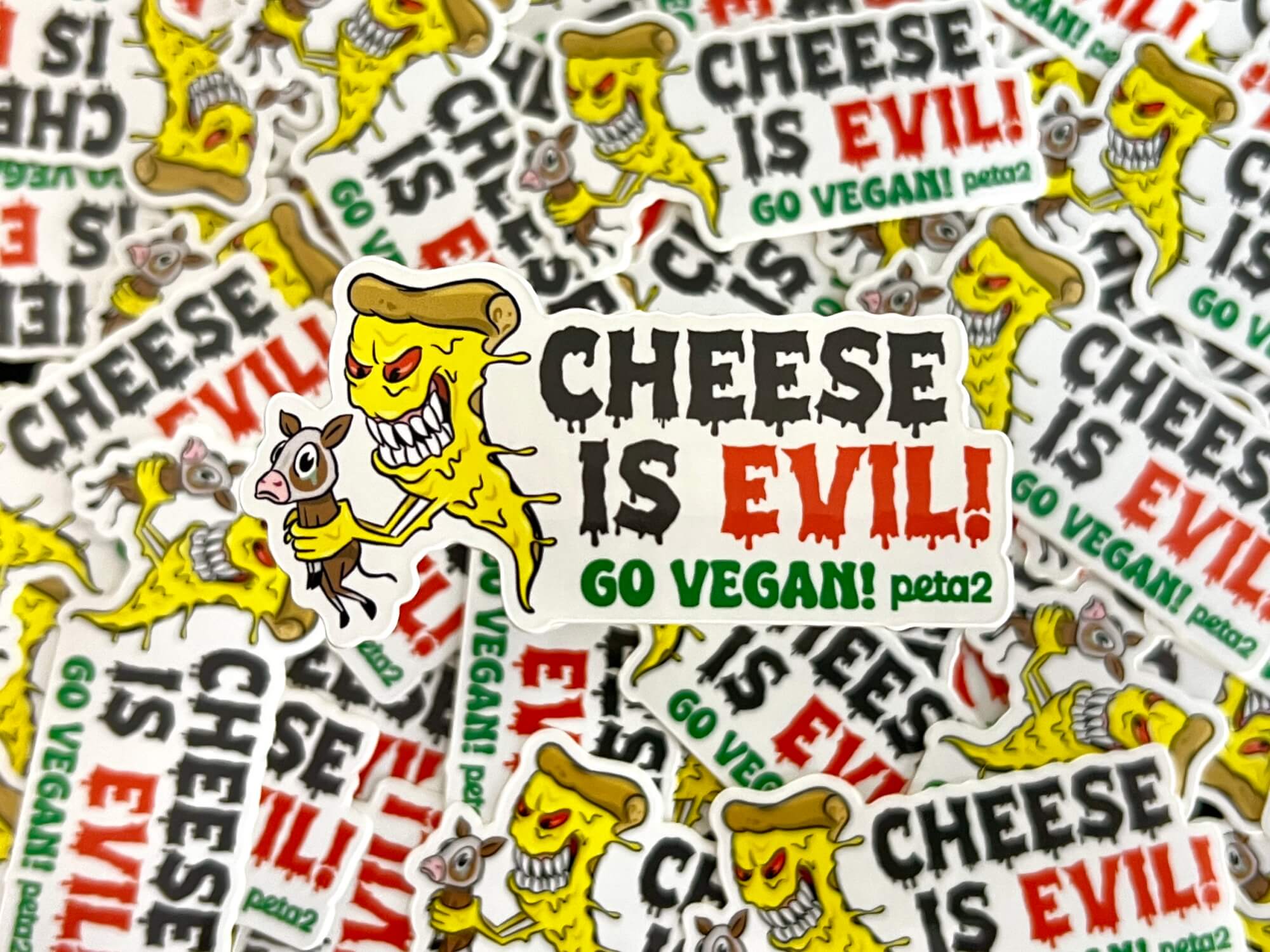 order a scary ‘cheese is evil’ sticker today! peta2
