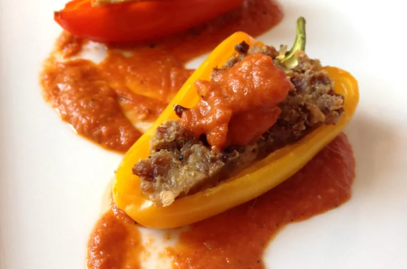‘Beef’ and Orzo-Stuffed Peppers