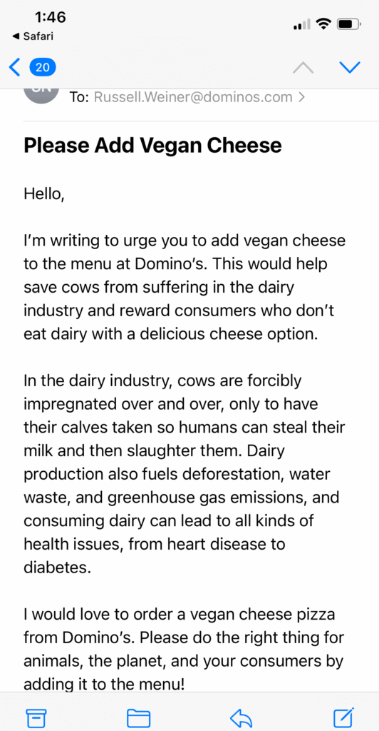 PETA-owned image for the Domino's mission
