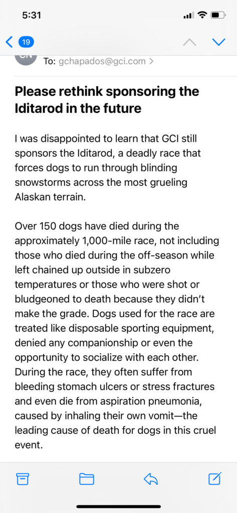 PETA-owned image for the Iditarod mission