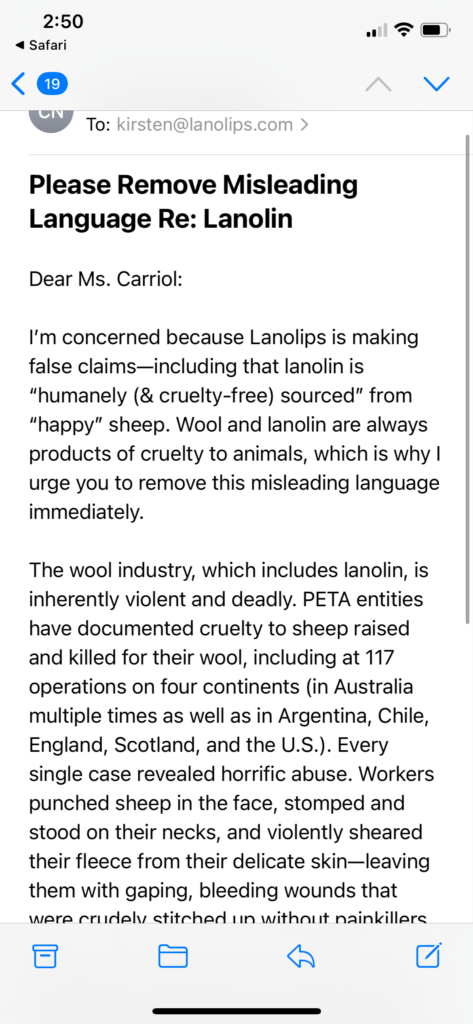 PETA-owned image for the Lanolips mission