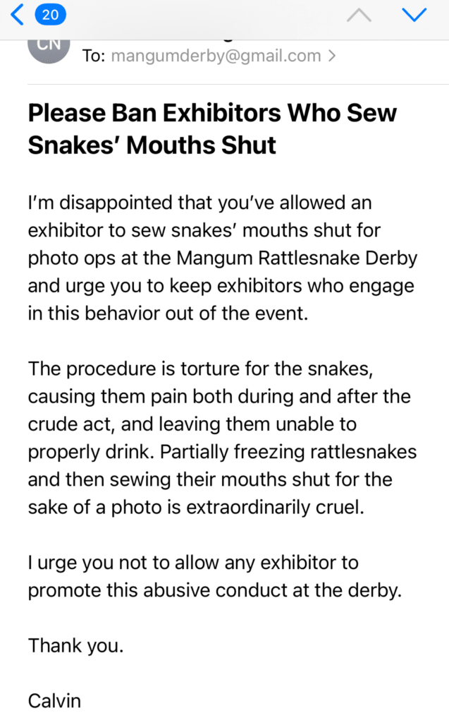 PETA owned image for the Mangum Rattlesnake Derby mission