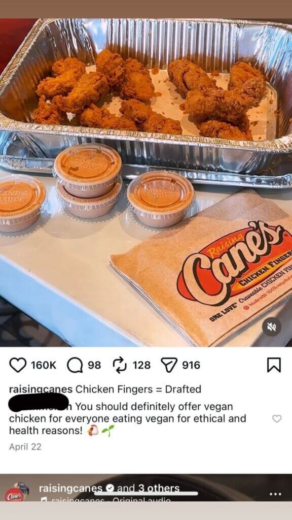 PETA owned image for the Raising Cane's vegan mission